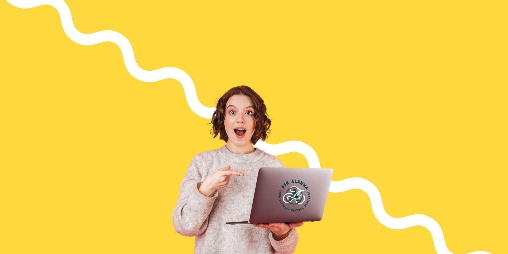 yellow background. foreground woman holding a laptop with the Ask Alanna logo on it, pointing to the laptop. Ask Alanna.